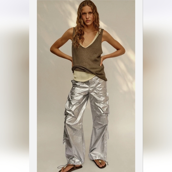 Zara Silver Metallic Shiny Cargo Pants - Picture 8 of 8